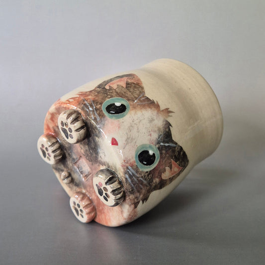 Hand-painted Cat Mug - Arlo - showing face & bottom paw details on a plain background