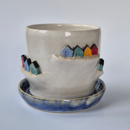 Beach Hut #1 Planter & Saucer - side view of the planter and saucer on their own, in front of a plain grey background