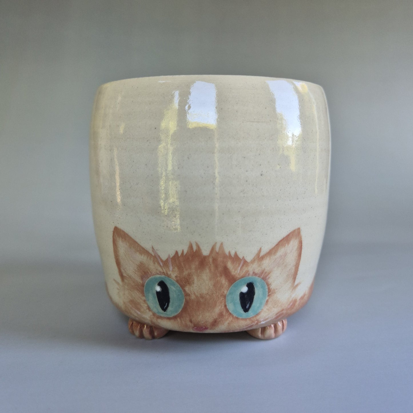 Ceramic mug with a cat design on a plain background