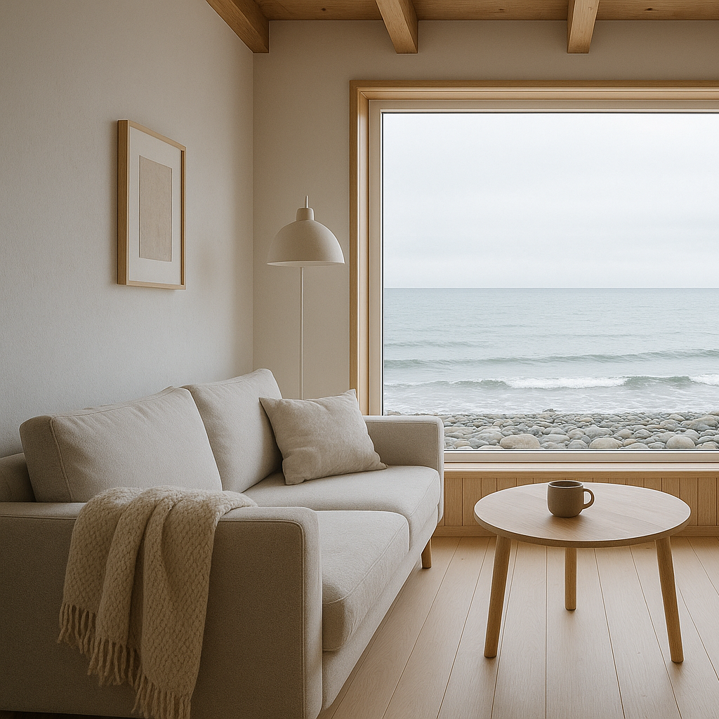 An mage of the interior of a cozy, minimalist Scandinavian home. The view is from inside the room, looking out of a large window and outside, is the ocean and a pebble beach
