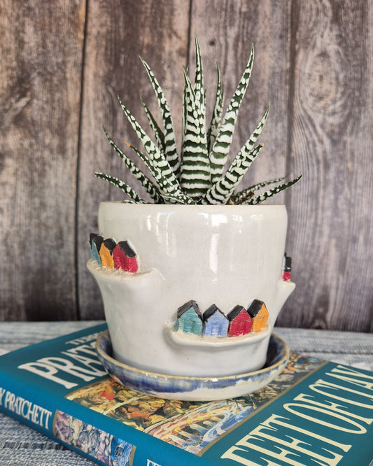 Beach Hut #1 Planter & Saucer - Lifestyle photo showing the planter containing a small plant, on top of a hardcover book in front of a wooden plank wall
