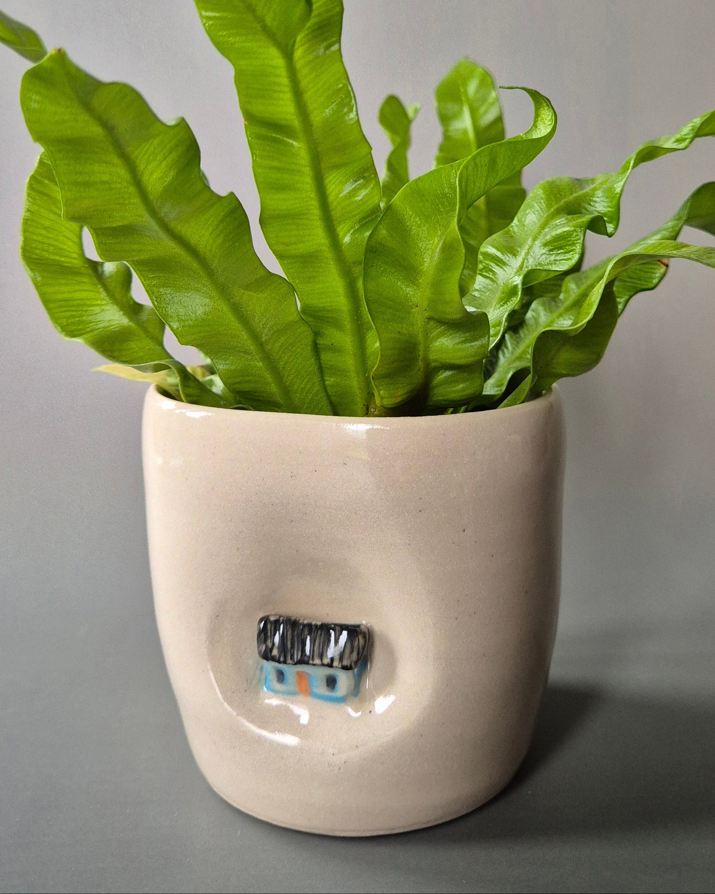 Small white stoneware pot featuring a small hand-sculpted blue cottage embedded in the clay. The pot contains a small green plant. On a grey background