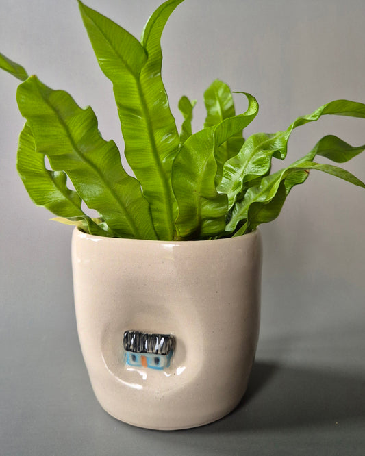 Small white stoneware pot featuring a small hand-sculpted blue cottage embedded in the clay. The pot contains a small green plant. On a grey background