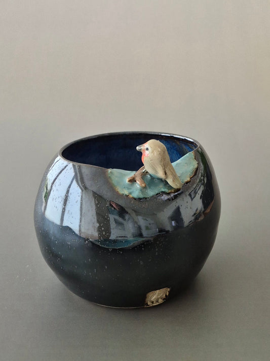 Ceramic bowl with a bird design on a plain background