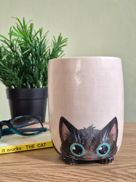 A ceramic mug shaped like a peeking black cat with large blue eyes, sitting on a wooden tabletop next to a potted plant and a book.