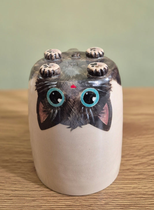 A ceramic cat-shaped mug with a cream-colored body, black and gray face details, large blue-rimmed eyes, and sculptured paw details on the base, set on a wooden surface against a soft green background.