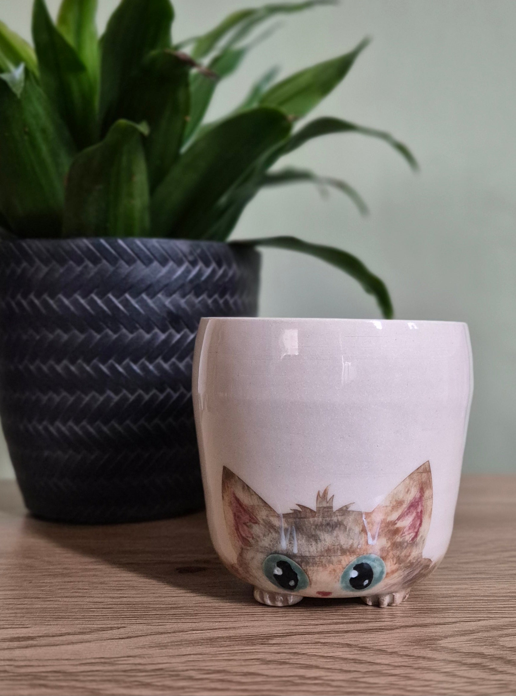 A light beige ceramic mug shaped like a cat peeking out from behind, displayed on a wooden tabletop next to a potted green plant.