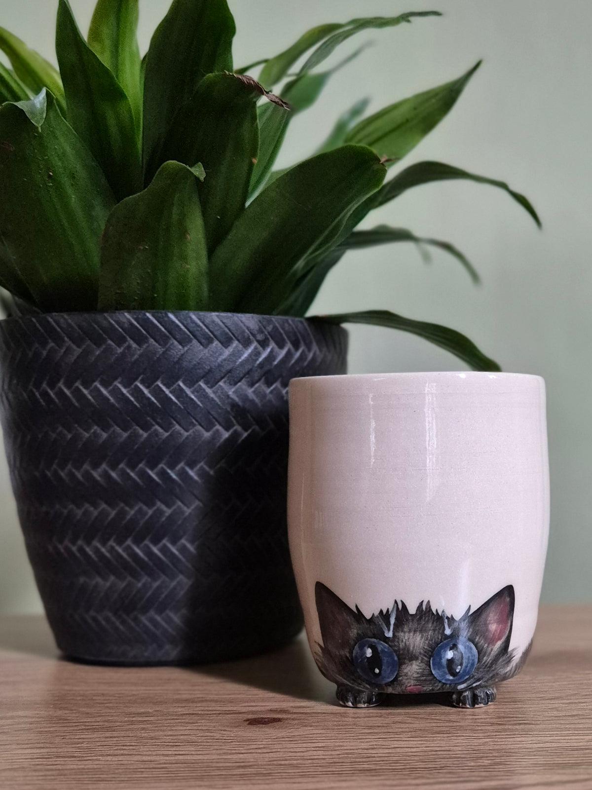 A light beige ceramic tumbler featuring a cute black cat with large blue eyes peeking out from the bottom, styled on a wooden table next to a potted green plant.