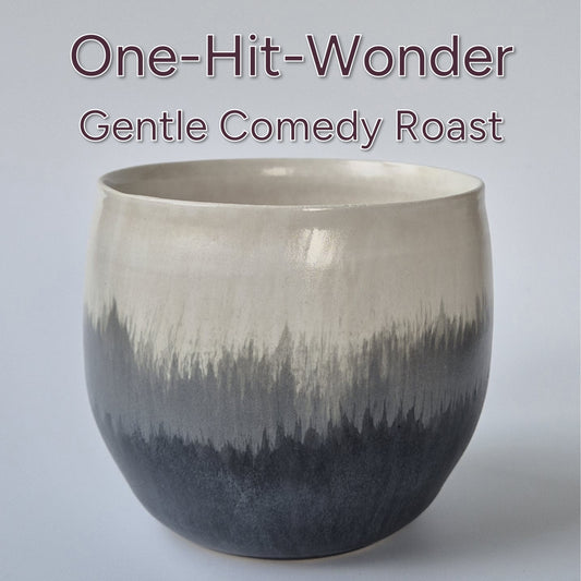 Ceramic pot with gradient design on a plain background, featuring text 'One-Hit-Wonder Gentle Comedy Roast'.