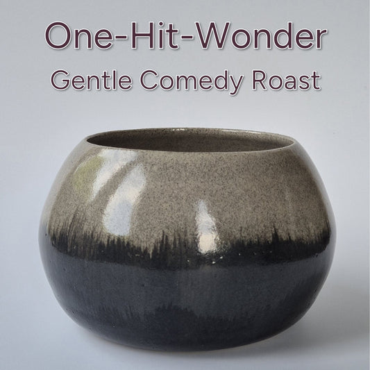 Black ceramic bowl on a gray background with text 'One-Hit-Wonder Gentle Comedy Roast'.