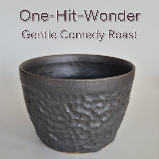 Text 'One-Hit-Wonder Gentle Comedy Roast' above a textured black/silver ceramic cup on a light background