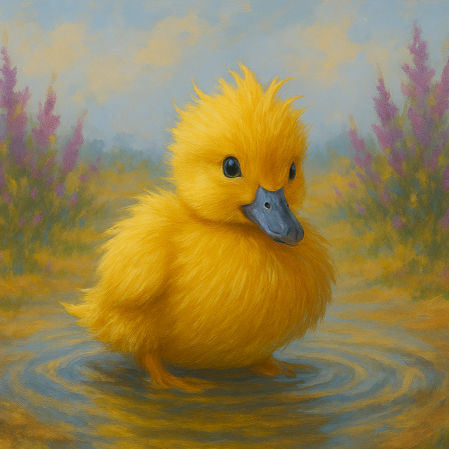 Yellow duckling in water with purple flowers in the background