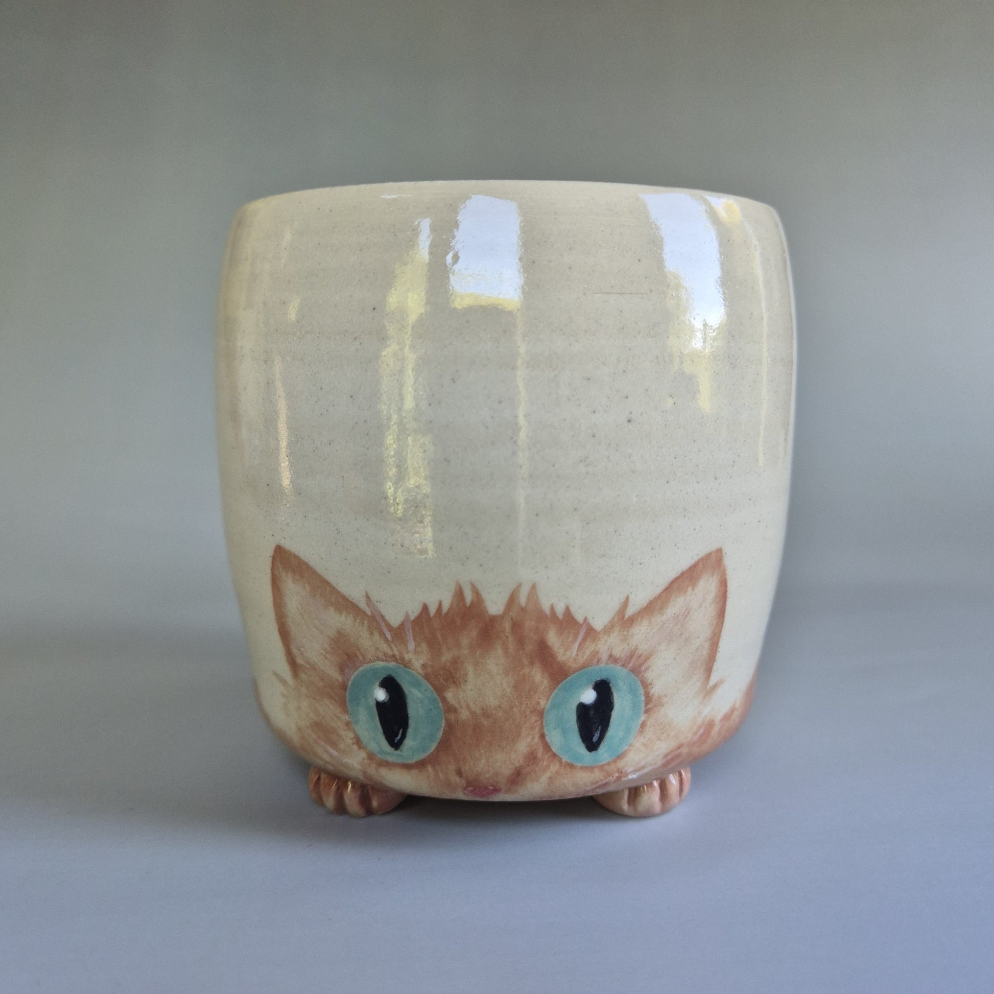 Ceramic mug with a cat design on a plain background