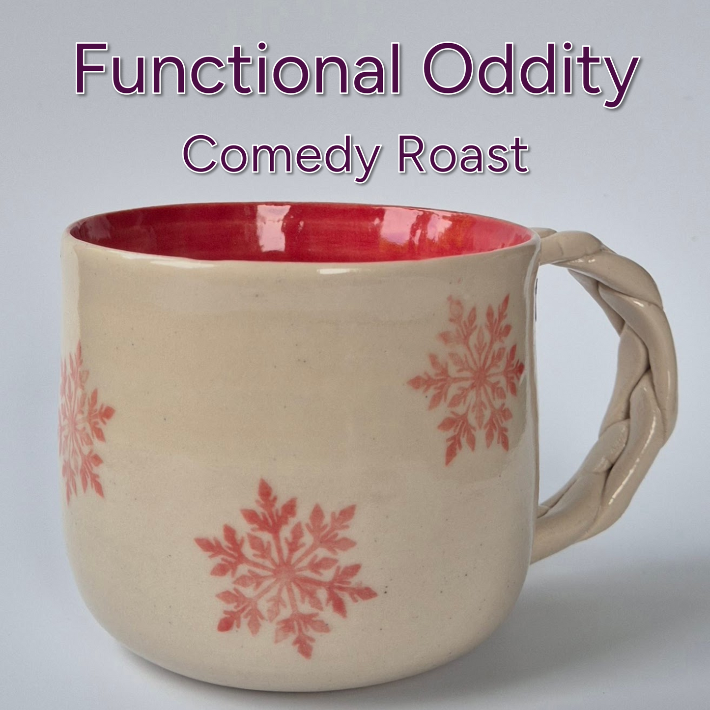 Beige mug with pink interior and snowflake patterns on a light gray background