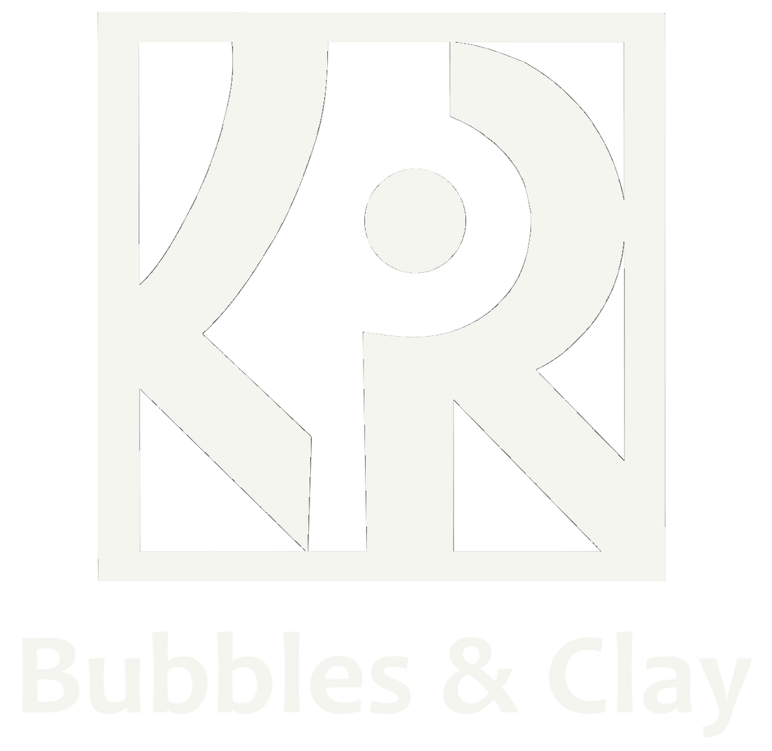 White abstract KR Logo with 'Bubbles & Clay' text on a white background