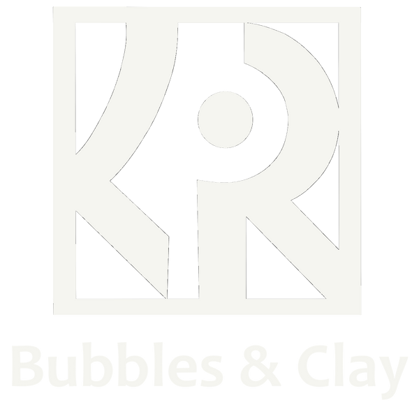 White abstract KR Logo with 'Bubbles & Clay' text on a white background