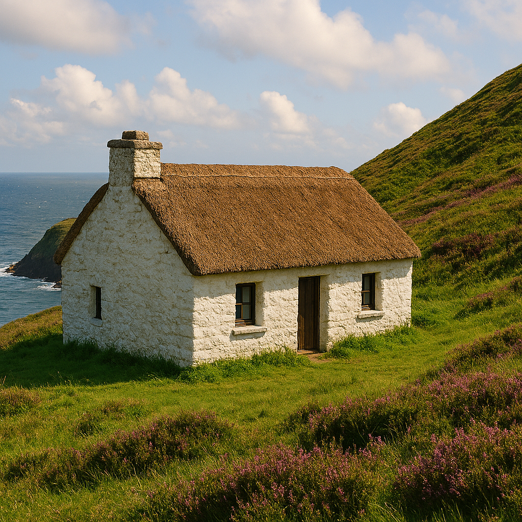 An image of a thatched cottage on a grassy hill with ocean and sky in the background