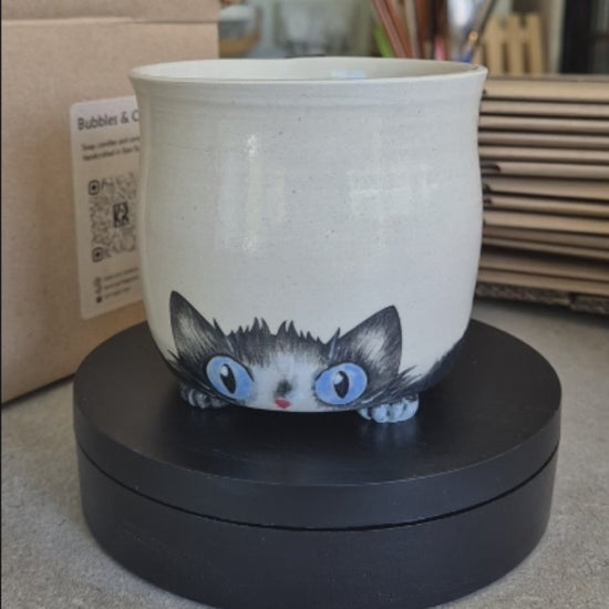 Video of Alfie the ceramic cat mug on an automatic turn-table