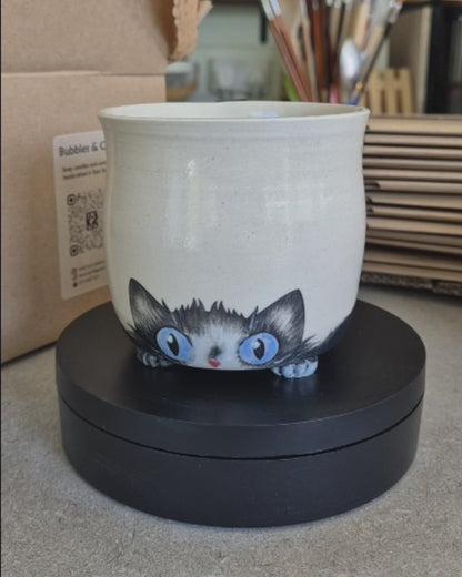 Video of Alfie the ceramic cat mug on an automatic turn-table