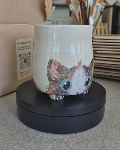 Video of Arlo the cat mug on a automatic turntable
